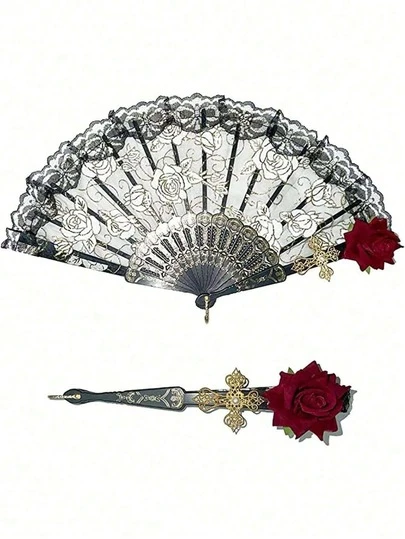 1pc Vintage Spanish Folding Fan, Flamenco Rose Lace Decor, Elegant Black Ladies Hand Fan, Suitable For Ladies' Parties, Weddings, Home, Living Room, Office Decor, Also Can Be Used For Role-Playing, Performance Decor Or Valentine's Day Gift