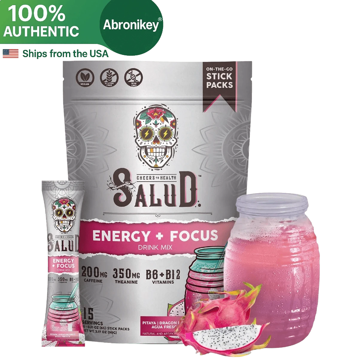 Salud Energy & Focus Drink Mix – Dragon Fruit Agua Fresca Powder With Organic Caffeine, L-Theanine & B Vitamins – Clean Energy, Low Sugar – 15 Stick Packs - Pack Of 1 - 查看 1