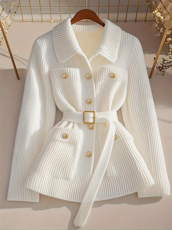 Cardigã feminino elegante e casual de tricô, jaqueta minimalista de cor sólida, suéter grosso e moderno para o dia a dia com cinto, estilo streetwear feminino, ideal para festas, eventos noturnos e casamentos.