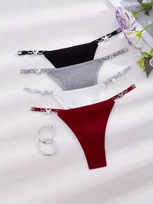 4 件套女士性感丁字裤，时尚迷人，闪亮银色蝴蝶环设计，金属环内衣，舒适柔软贴身 - 彩色的 - 查看 1