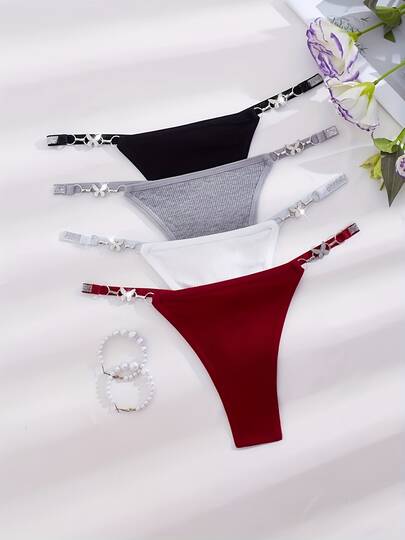 4pcs/Set Women's Sexy Thong Panties, Fashionable & Charming, Shiny Silver Butterfly Ring Design, Metal Ring Lingerie, Comfortable & Soft Fitting