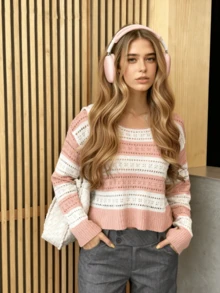 Pink & White Striped Cardigan Knit Cropped Sweater, Casual College Style Long Sleeve Top For Women - Pink - View 9