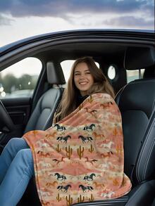 Manta suave de franela con patrón del suroeste del desierto - caballos, cactus y tonos de puesta de sol para una acogedora decoración del hogar, calidez ligera para sofá, cama o viaje, diseño rústico y vibrante en base melocotón (280 g/m²)