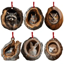 6 Pieces 6 Kinds Of Animal Christmas Ornaments, 2D Cute Christmas Acrylic Pendants, Animals, Raccoon, Owl, Squirrel, Hedgehog, Rabbit, Bird, Beautiful Animal Ornaments, Christmas Party Fireplace Window Decorations, Classic Faith Decorations, Suitable For Christmas And Winter