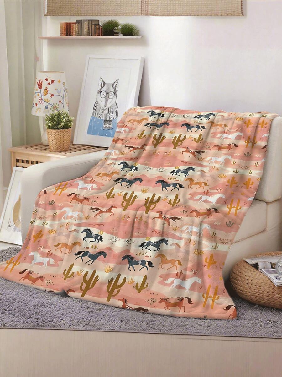 Manta suave de franela con patrón del suroeste del desierto - caballos, cactus y tonos de puesta de sol para una acogedora decoración del hogar, calidez ligera para sofá, cama o viaje, diseño rústico y vibrante en base melocotón (280 g/m²)