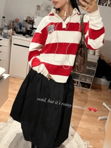 Women Striped Color Block Polo Sweatshirt Lapel Collared Long Sleeve Oversized Rugby Shirt Vintage Pullover Tops - 紅色 - 查看 3