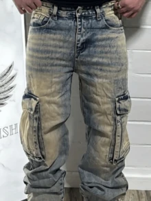 Quần cargo nam, quần ống thẳng, quần dài nam màu đồng bạc màu, quần jeans kiểu retro. - Đồng - Xem 5