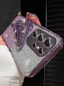 奢华电镀紫色手机壳，带蝴蝶液体支架，水钻闪亮风格，新款夏季时尚硅胶防震软壳，兼容三星 Galaxy S24 S25 Ultra FE A56 A16 4G 5G，兼容小米 Redmi 14C，兼容华为 Honor OPPO Reno Realme MOTO Infinix，Y2K 风格男女通用 2025 - 紫色 - 查看 3