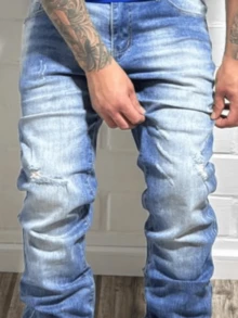 Blugi retro minimalisti spălați și uzați, stil coreean pentru bărbați, cu picior drept, casual - Albastru regal - Vizualizare 3