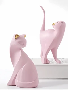 1pc Pink Resin Cat Figurines With Gold Ears, Minimalist Abstract Home Decor Sculptures For Bookshelf, Entryway, Bedroom Or Gift - Graduation, Friendship, Summer Decor