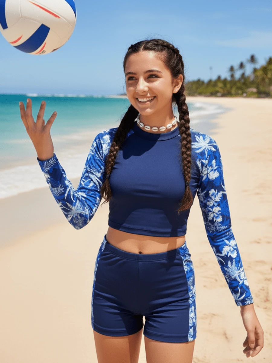 Teens' Raglan Sleeve Tropical Plant Print Crop Top And Shorts Set 65-A - Màu xanh với nền màu xanh - Xem 1