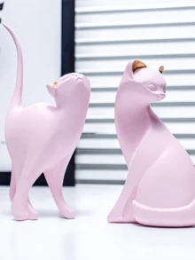 1pc Pink Resin Cat Figurines With Gold Ears, Minimalist Abstract Home Decor Sculptures For Bookshelf, Entryway, Bedroom Or Gift - Graduation, Friendship, Summer Decor