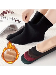 1/2/4/10 Pairs Of Unisex Thick Thermal Socks, Neutral Mid-Tube Wool Lined Winter Socks, Solid Color Thermal Socks