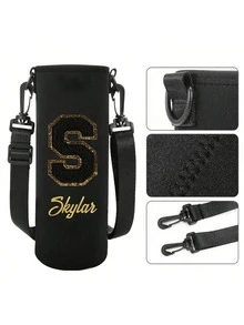 1 pieza Funda de neopreno personalizada para botella de agua con correa ajustable y portavasos, se adapta a botellas de acero inoxidable, vidrio y plástico - Regalo para vuelta al colegio, graduación, profesor, Funda para pasaporte, viajes, luna de miel, estudios en el extranjero, viajes de negocios, ligera e impermeable, esencial para vacaciones, unisex estudiante - Negro - Ver 4