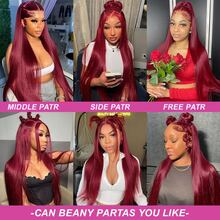 34 Inch Burgundy 99J Straight Lace Front Wig Human Blend Hair 200% Density 13x4 HD Transparent Lace Wigs For Women Glueless Wigs Pre Plucked With Baby Hair Natural Hailine Suitable For All Hair Types For Women Halloween Wigs Everyday Style Wig - S99J/BUG - View 8