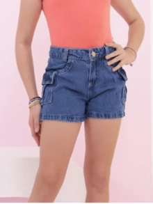 Shorts Cargo Jeans Feminino Infantil Bolso Lateral Escuro Menina Juvenil Estilo Moda Azul 10-16