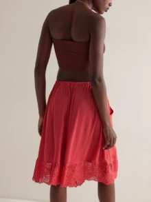 Womens Free Lace Trim Patchwork Wide Leg Half Slip People Fp  Knee Length Ruffle Hem Flowy Shorts With Pockets Y2k Going Out Swing Drawstring Bloomer Skort Cute Low Rise Satin Capri Mid Pants - Red - View 2