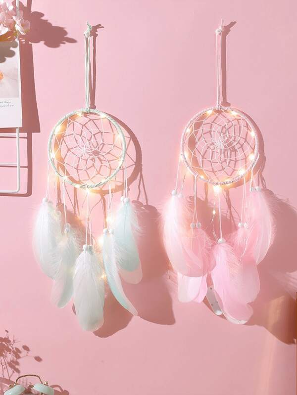 1 Stück minimalistischer einfarbiger Traumfänger mit Federn als Wohndekoration, mädchenhaftes Wandhängedeko, handgemachtes süßes Geburtstagsgeschenk (Beleuchtungsstreifen nur zur Darstellung, nicht enthalten) (Federn sind künstlich), Wohndekoration, Zimmer Dekoration, Wanddekoration