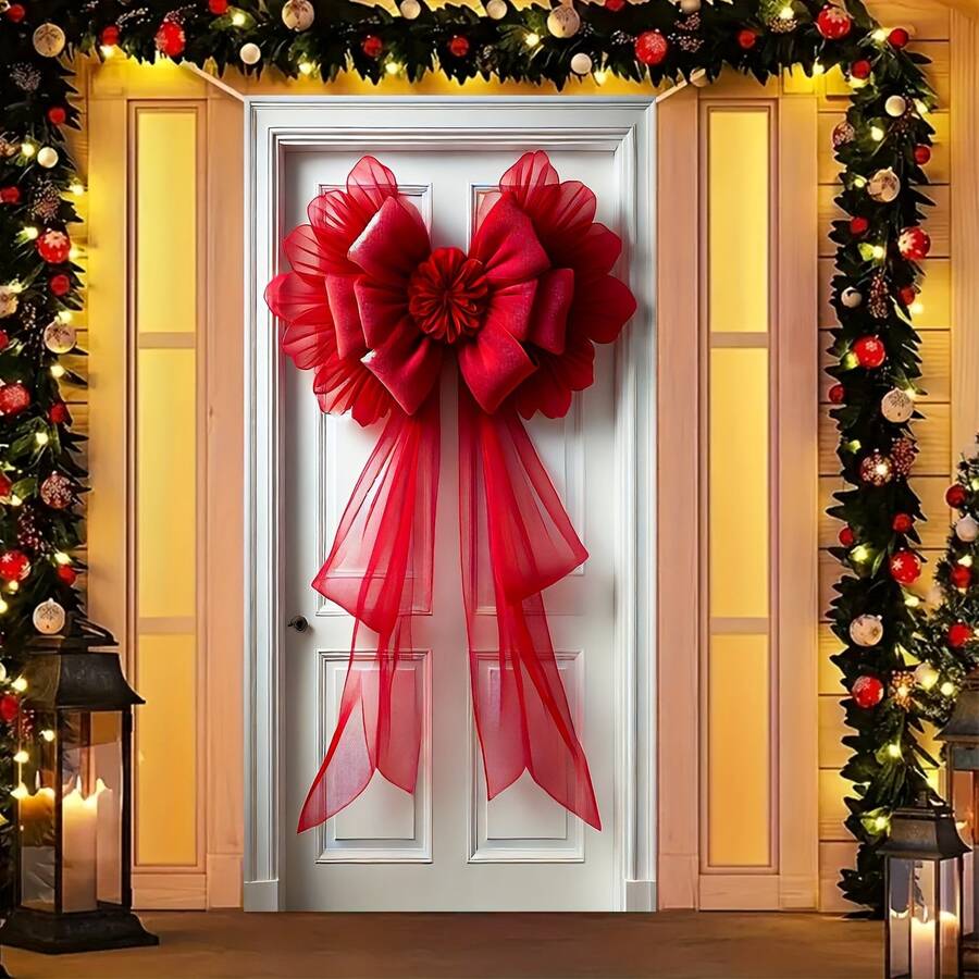 Elegant Large Red Bow Christmas Door Cover - 35.4x70.8 Inch, Versatile Holiday Decor For Entryway & Room