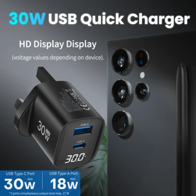 Topadre 30W USB C Wall Charger With Display, GaN Fast Charger, PD3.0/QC4.0 Fast Charging Adapter, Suitable For I Phone17/16/15/14 Pro Max, I Pad Pro/Air, Air Pods, Galaxy S25/S24/S23 Ultra