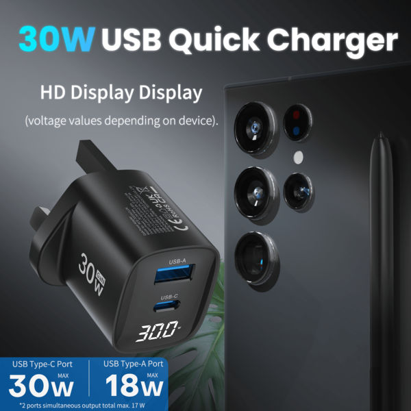 Topadre 30W USB C Wall Charger With Display, GaN Fast Charger, PD3.0/QC4.0 Fast Charging Adapter, Suitable For I Phone17/16/15/14 Pro Max, I Pad Pro/Air, Air Pods, Galaxy S25/S24/S23 Ultra