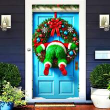 1pc, Christmas Wreath Door Cover, 35.4*70.8 Inch, Festive Holiday Design With Green Furry Figure Stuck In Wreath, Ideal For Entryway, Room, Multi-Purpose Hanging Decor