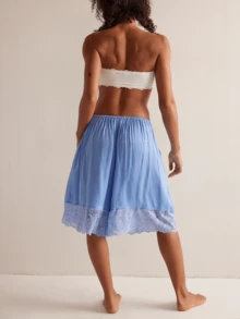 Womens Free Lace Trim Patchwork Wide Leg Half Slip People Fp  Knee Length Ruffle Hem Flowy Shorts With Pockets Y2k Going Out Swing Drawstring Bloomer Skort Cute Low Rise Satin Capri Mid Pants - 藍色 - 查看 3