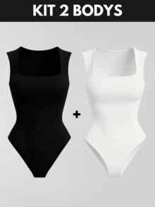 KIT 3 Women's Plus Size Blouse Women's Plus Size Bodysuit Women's Gym Blouse Women's High Compression Shaping Bodysuit Bory - 黑色 + 白色背心 - 查看 1