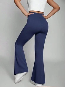 Girls' Solid Color Knitted High Waist Elastic Flared Pants, Casual Sports Yoga, Suitable For Daily Wear, Back To School (YY355)