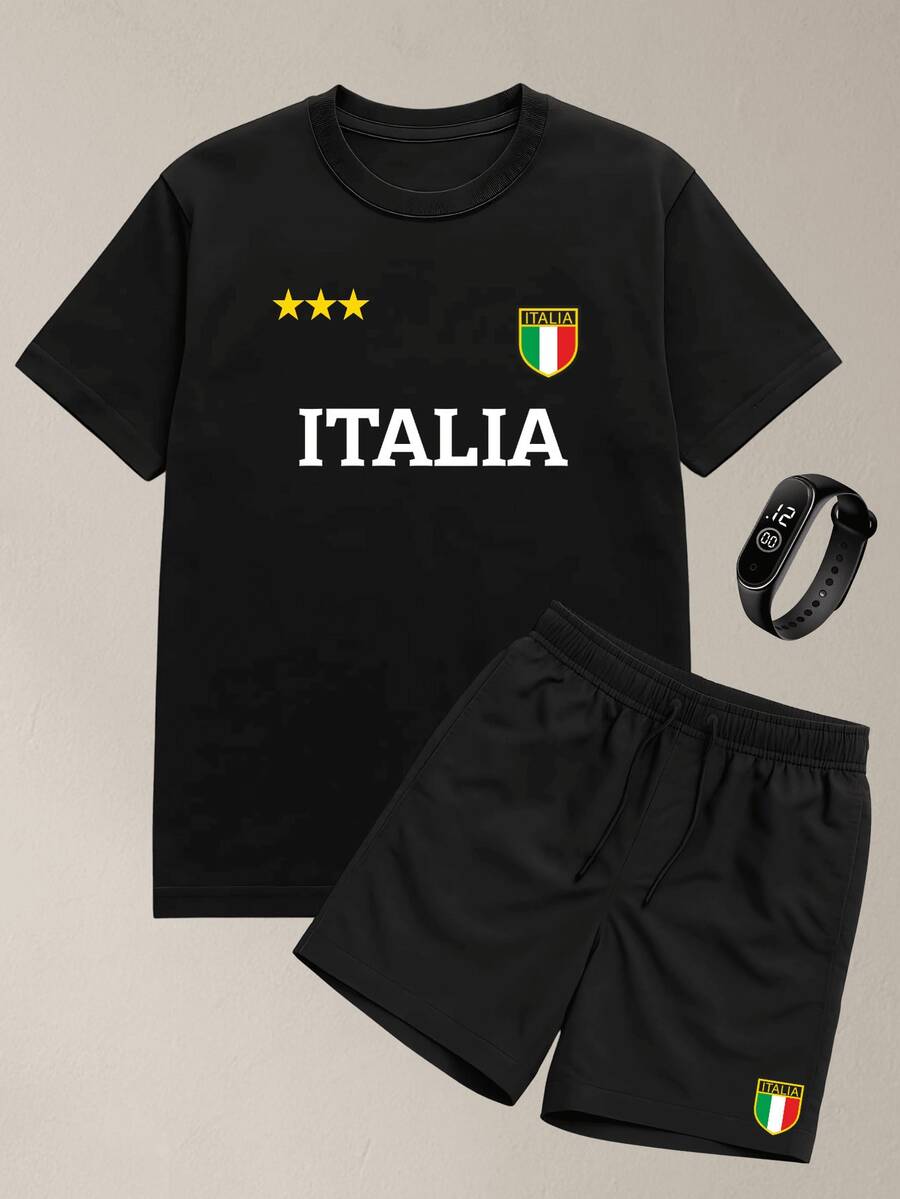 Men's Summer Kit Tactel Shorts And ITALIA Cotton T-Shirt, Comfortable Casual Model - màu đen - Xem 1