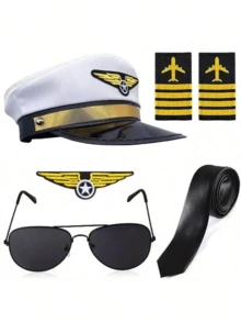 6pcs/Set Holiday Themed Flight Attendant Hat, Tie, Brooch, Epaulet, Glasses, Cabin Crew Costume Accessories For Halloween Party Cosplay, Retro Airline Pilot Outfit