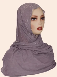 1pc Women's Striped Knit Elastic Fabric Diamond Chain Crafted Viscose Maxi Scarf, Malaysian Hijab Fashion Headscarf