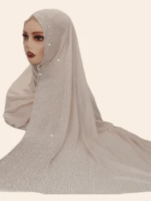 1pc Women's Striped Knit Elastic Fabric Diamond Chain Crafted Viscose Maxi Scarf, Malaysian Hijab Fashion Headscarf