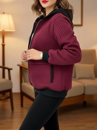 时尚女士绗缝飞行员夹克，开衫领，长袖，拉链开合，常规版型，保暖外套