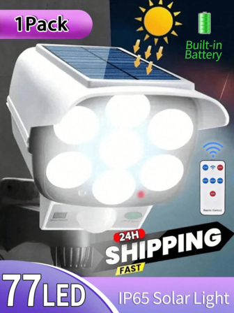 77 LED 6000 Lumens Solar Powered Motion Sensor Outdoor Artificial Camera Light, Solar Wall Light Night Projector With Remote Control - Suitable For Hotel, Porch, Garden, Patio, Corridor - Lighting Decoration For Christmas, Halloween, Party, Yard - 2025 Upgraded Version