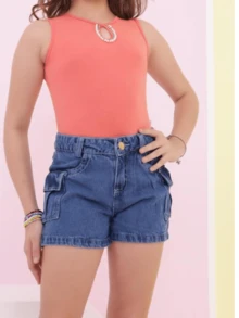 Shorts Cargo Jeans Feminino Infantil Bolso Lateral Escuro Menina Juvenil Estilo Moda Azul 10-16