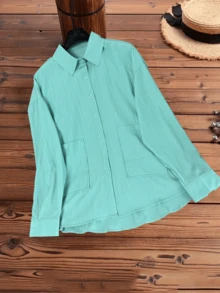 Plus Size Autumn Woven Shirt Collar Shirt, Dropped Shoulder Sleeve And Pocket, Casual Regular Length Top