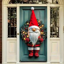 1pc Charming Gnome Over-The-Door Christmas Decoration, Polyester Holiday Wreath With LED Lights, Festive Outdoor Decor, With No Electricity Needed For Christmas - Multicolor - View 3
