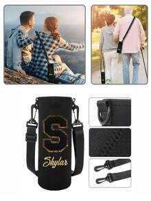 1 pieza Funda de neopreno personalizada para botella de agua con correa ajustable y portavasos, se adapta a botellas de acero inoxidable, vidrio y plástico - Regalo para vuelta al colegio, graduación, profesor, Funda para pasaporte, viajes, luna de miel, estudios en el extranjero, viajes de negocios, ligera e impermeable, esencial para vacaciones, unisex estudiante - Negro - Ver 8