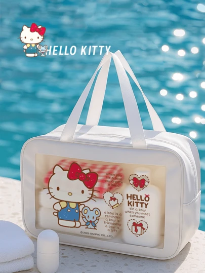 Sanrio Hello Kitty transparent PVC-reseväska, officiellt licensierad vattentät necessär med dragkedja och handtag, söt kawaii-design för gym, strand, pool, weekendresor, present till flickor, tonåringar, Sanrio Collectors, förvaringsorganisatör för badrumsartiklar, måste-ha-resetillbehör, modernt funktionellt bagage, populära anime-karaktärsprodukter