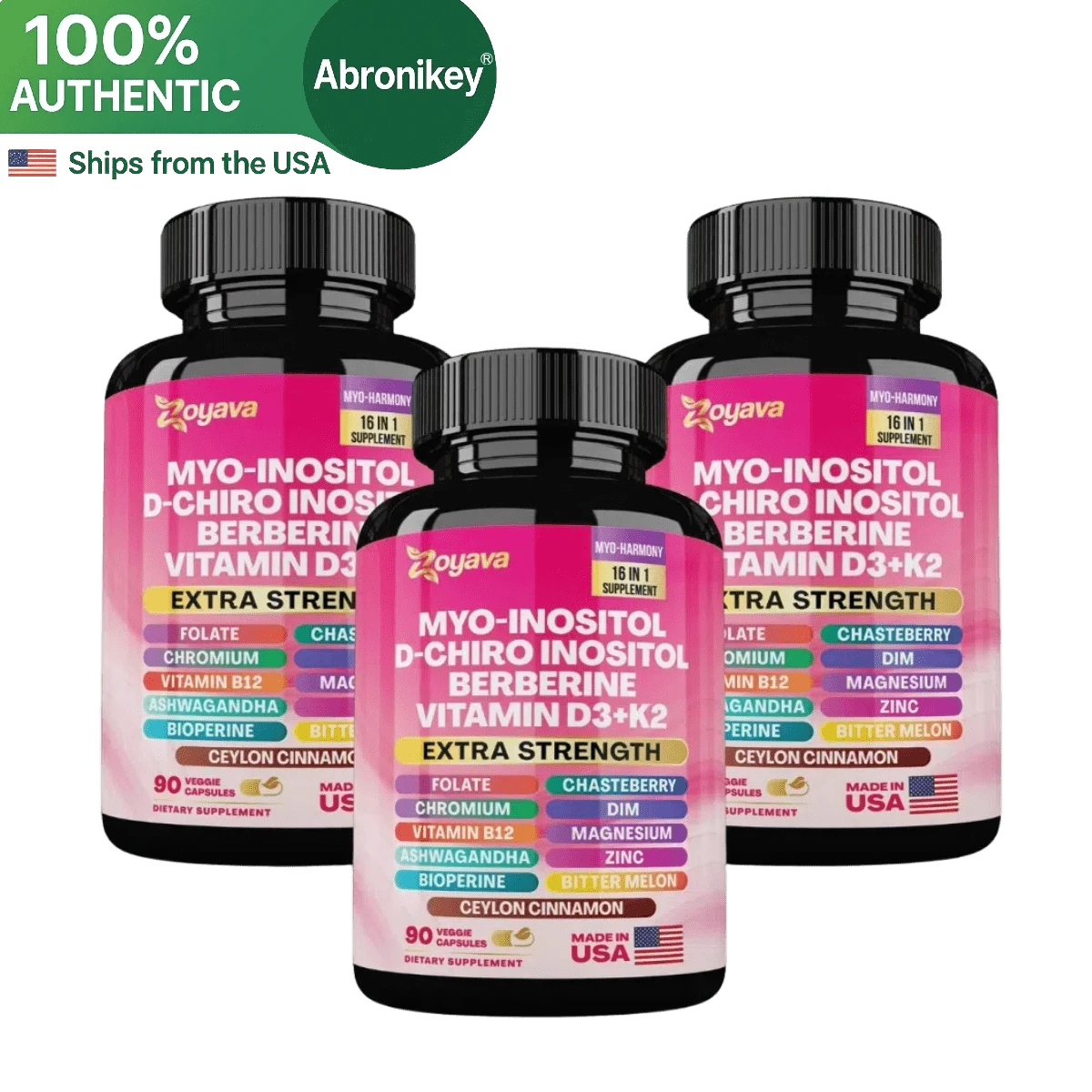 Abronikey Zoyava Hormone & Cycle Support | Women's All-In-One Supplement | Myo-Inositol, D-Chiro Inositol & 13+ Powerful Ingredients | 90 Vegan Capsules | Made In USA (3 Bottles) - 3 chai - Xem 1