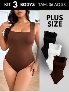 KIT 3 Women's Plus Size Blouse Women's Plus Size Bodysuit Women's Gym Blouse Women's High Compression Shaping Bodysuit Bory - 黑色 + 白色背心 - 查看 11