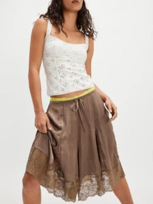 Womens Free Lace Trim Patchwork Wide Leg Half Slip People Fp  Knee Length Ruffle Hem Flowy Shorts With Pockets Y2k Going Out Swing Drawstring Bloomer Skort Cute Low Rise Satin Capri Mid Pants - Brown - View 4