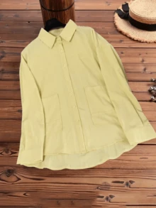 Women's Yellow Woven Polyester Fabric Shirt Collar Blouse, Long Sleeve Drop Shoulder, With Pockets, Spring/Summer - Yellow - View 5