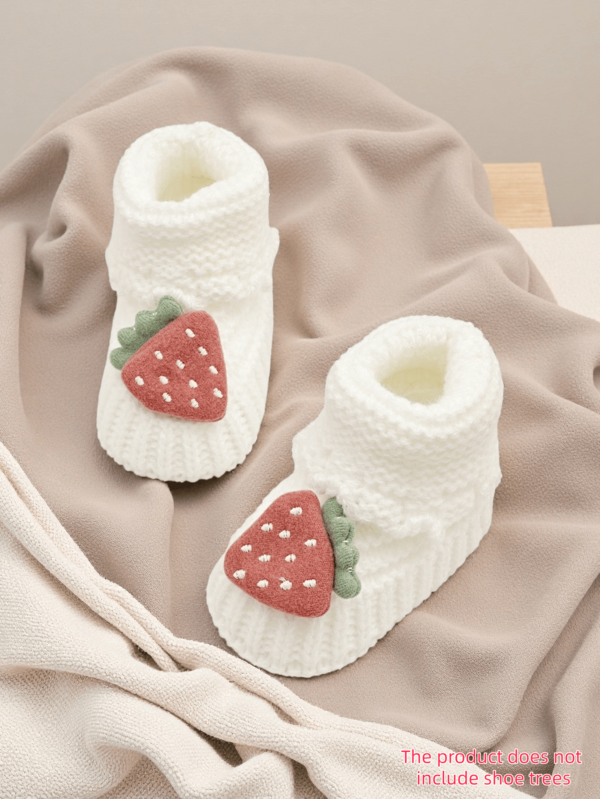 1 Pair Infant Booties With Strawberry Design, White Knit Slippers, 0-12 Months