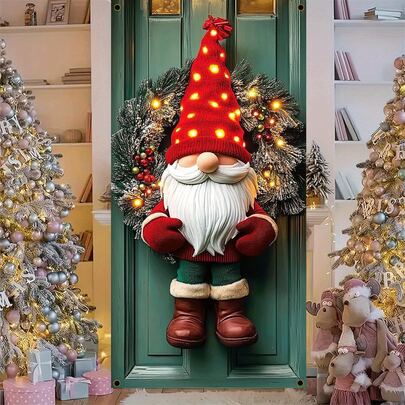 1pc Charming Gnome Over-The-Door Christmas Decoration, Polyester Holiday Wreath With LED Lights, Festive Outdoor Decor, With No Electricity Needed For Christmas