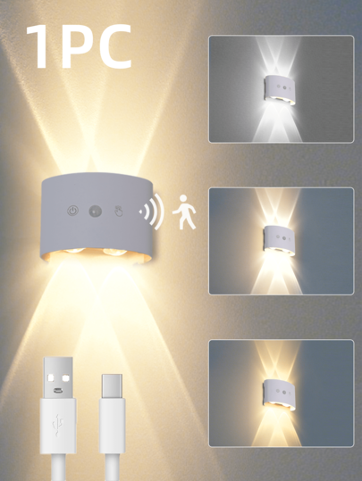 1pc LED Sensing Wall Light, USB Rechargeable With Motion Sensor Lighting, Up And Down Emitting Lighting, Cool White Light/Warm White Light/Neutral White Light, Adjustable Brightness, Suitable For Garage, Fence, Porch, Deck, Terrace, Exterior Wall Lights (1500mAh)