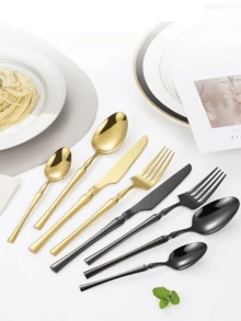 5pcs/30pcs Stainless Steel Cutlery Set, Creative Waist Design,High-Quality Stainless Steel Cutlery Set, Including Fork, Knife, Spoon, Teaspoon, Fruit Fork, Colored Stainless Steel Cutlery Set, Black Stainless Steel Cutlery Set - Multicolor - View 1