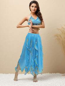 Bộ đồ múa bụng hai mảnh dành cho nữ: Áo croptop hở lưng đính sequin và chân váy chiffon bất đối xứng họa tiết lá sen. - Nhiều màu - Xem 6