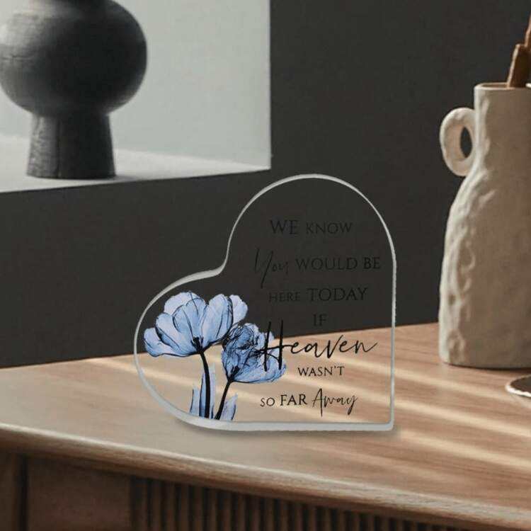 1 pieza Decoración conmemorativa en forma de corazón acrílico flores azules recuerdo saludo amante fallecido decoración hogar cálido regalo condolencia navideño Halloween Memorial Heart Gift - 1 pieza - Añade 5